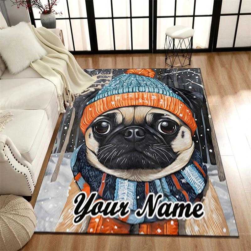 1PC Custom Name Winter Pug Portrait Theme Floor Mat Ideal for Living Room, Game Rooms, Office, Bedroom, Office Floor Mat , Floor Mats for Home