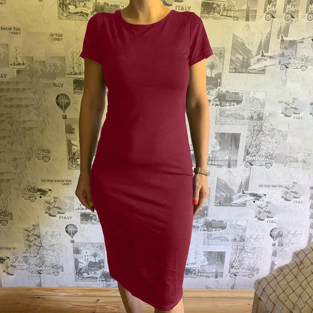 Women's Fashion Sexy  Solid Color Bag Hip Elasticity Short-sleeve Dress