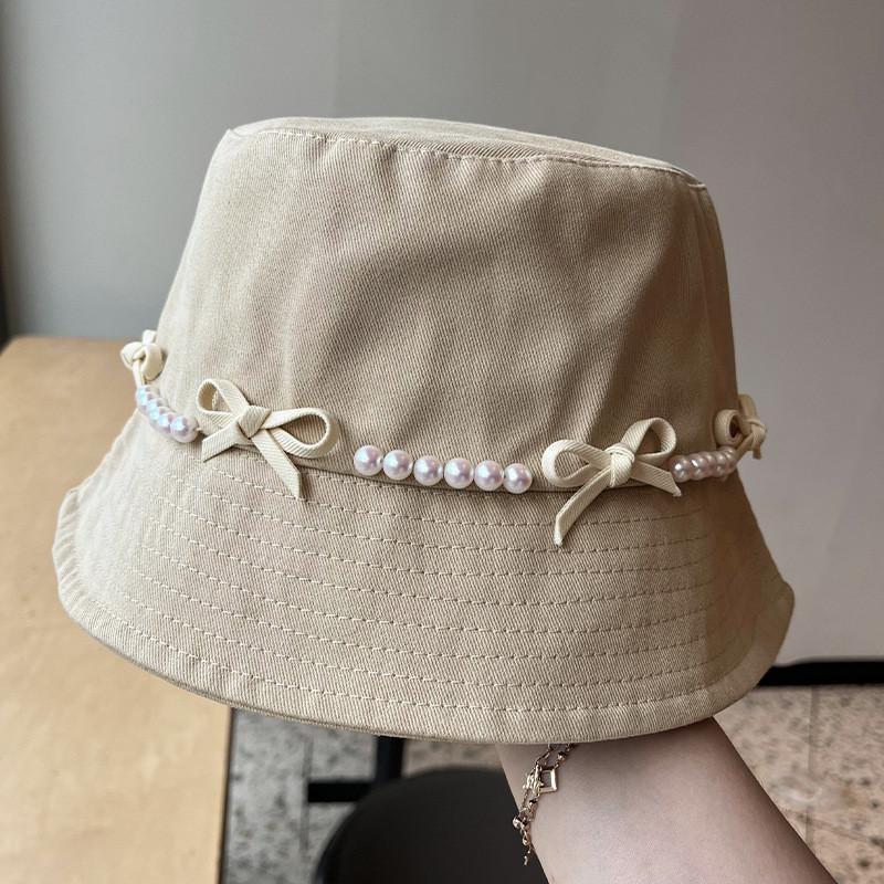 Pearl Bow Wide Brim Fisherman Hat For Summer Sun Protection Stylish Women Accessory