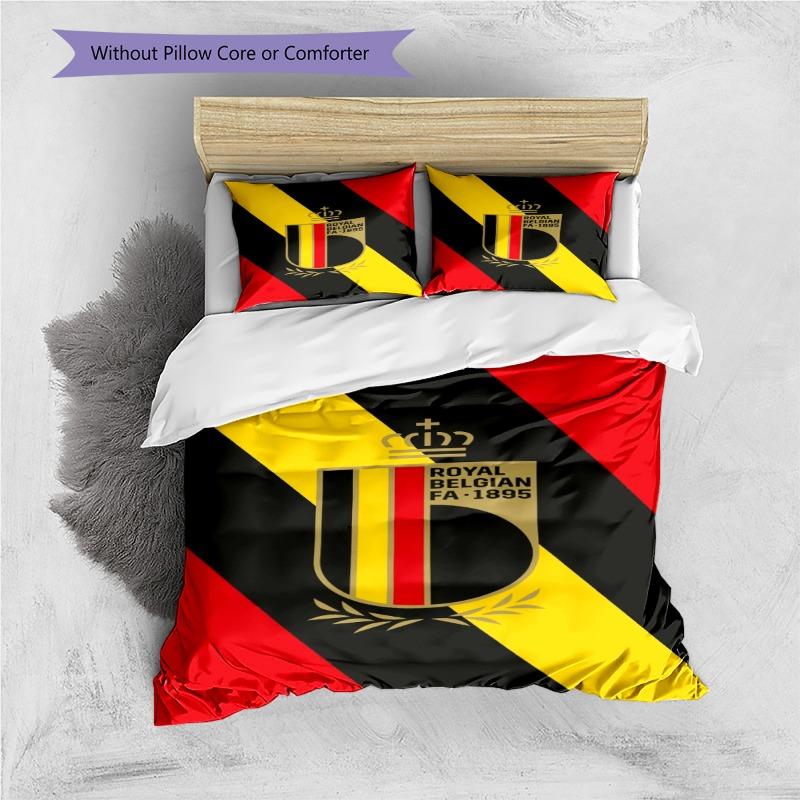 Royal Belgian FA Crest Red Yellow Black Diagonal Stripe Print 3Pcs Duvet Cover Set Belgium Football Bedding Bedroom Decor No Pillow Core Comforter