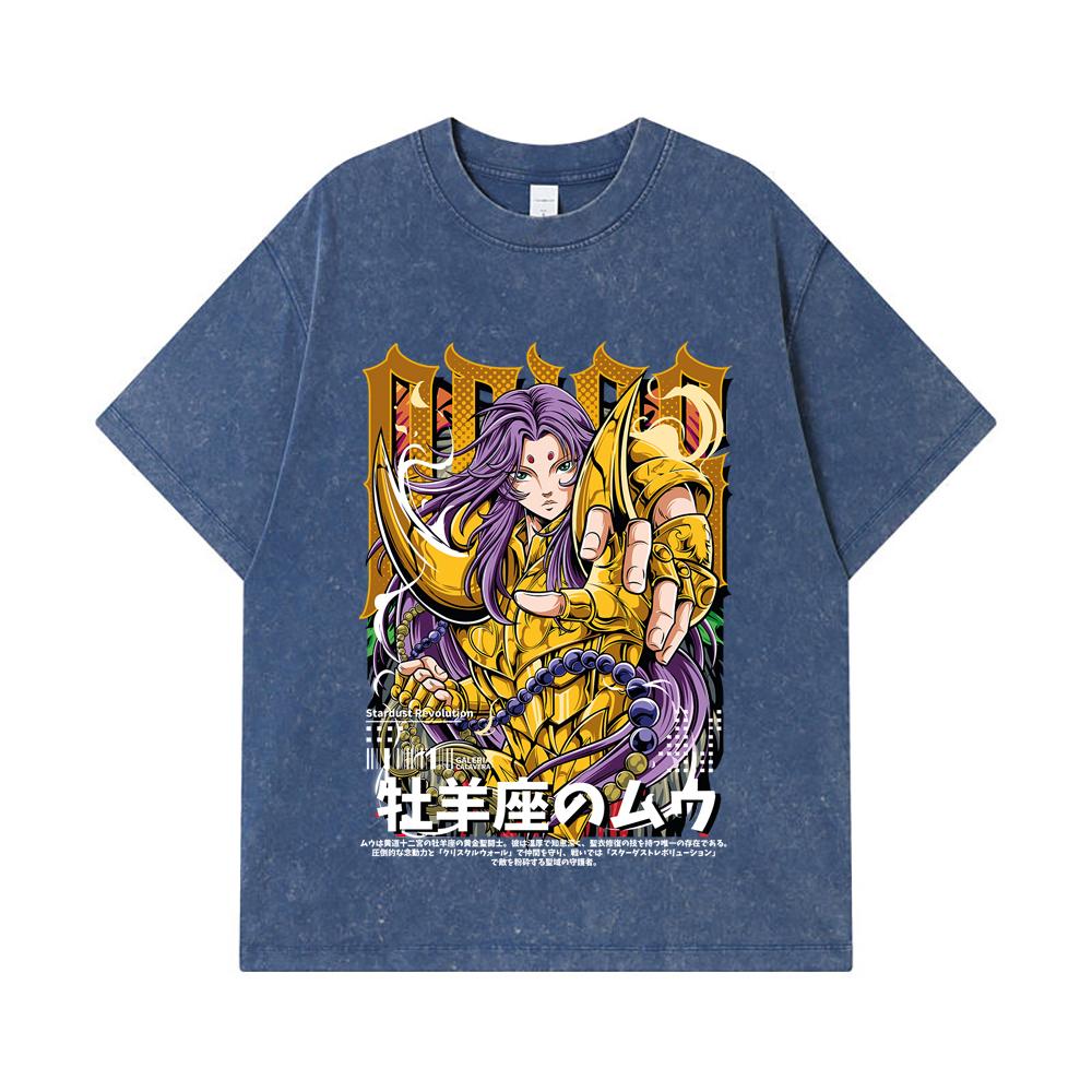 

275 GSM Washed T-shirts 100% Cotton Saint Seiya V26 Aries Print Unisex Heavy Cotton T Shirt 2XL королівський синій колір