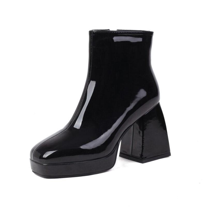 Bonbonfarbene Damenstiefel Kundenspezifische eckige Zehen Lackleder Hohe Absätze Stiefeletten Damen Plateau-Schuhe Winterpumps Botas WSH4986