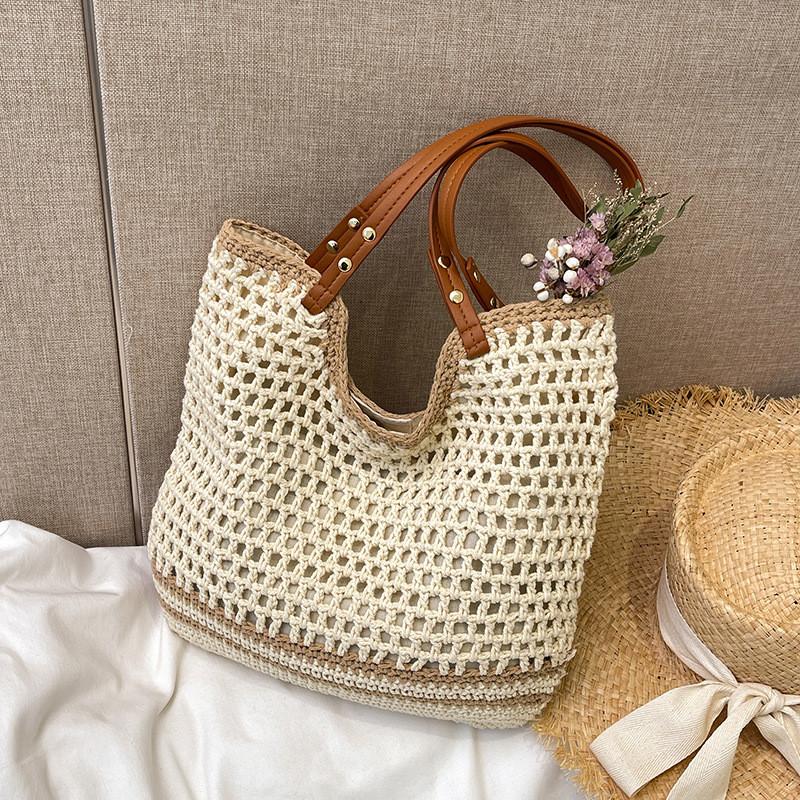 Ielgy Large-Capacity Hand-Woven Shoulder Tote Bag Ladies Straw Bag Beach Vacation Commuter