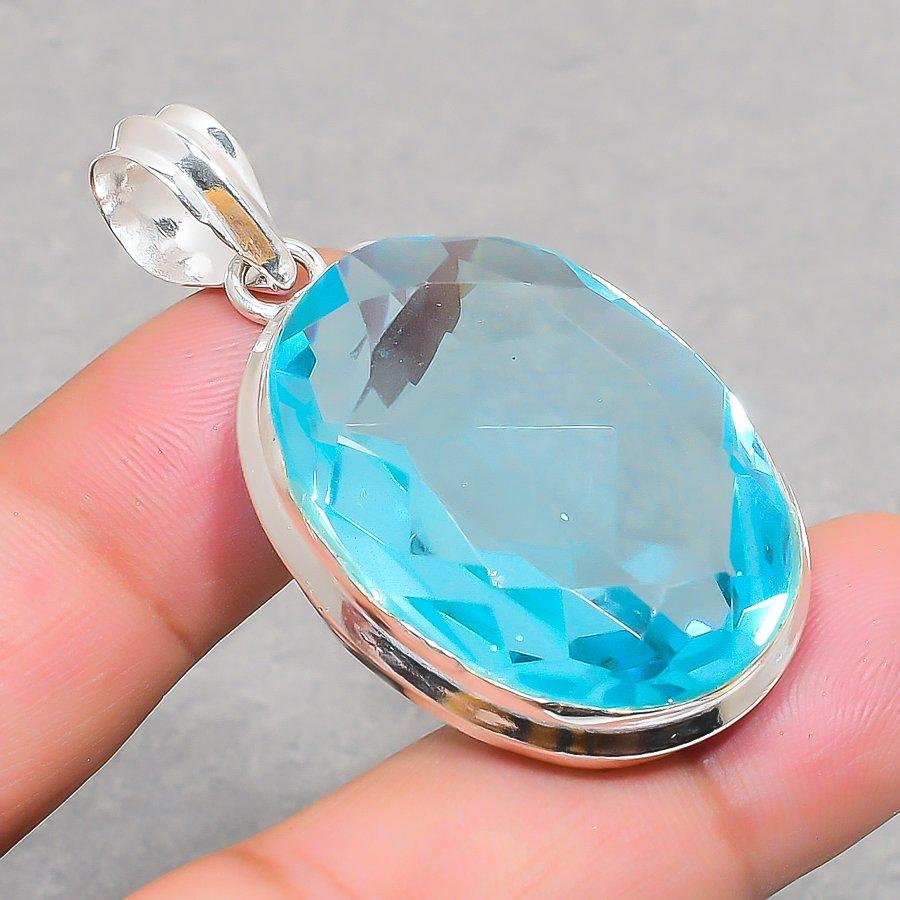 Lab Created Swiss Blue Topaz Pendant 1.9" Silver Tone Oval Cut Gemstone Jewelry