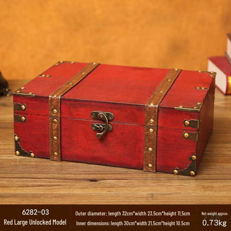 Retro Wooden Rectangular Storage Box Set with Lock - Creative Organizer & Decorative Props