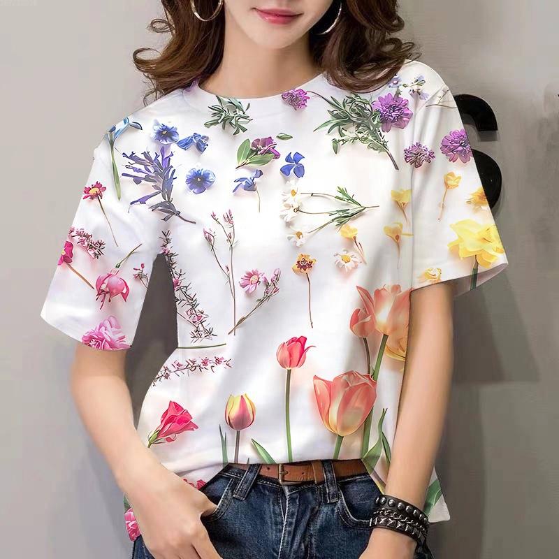 Letní dámské tričko s kulatým výstřihem, květinovým vzorem a 3D potiskem, módní, ležérní, s krátkým rukávem