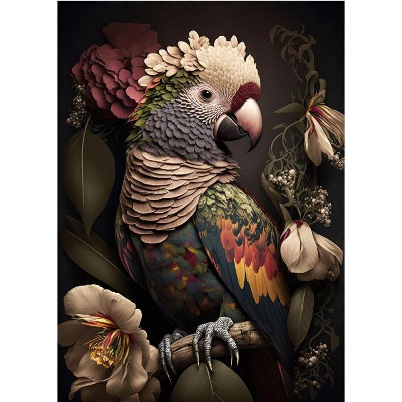 Vintage Animals In the Jungle, Flowers, Canvas, Painting, Poster Printing, Peacock, Tukan, Parrot, Elephant, Monkey, Wall Painting