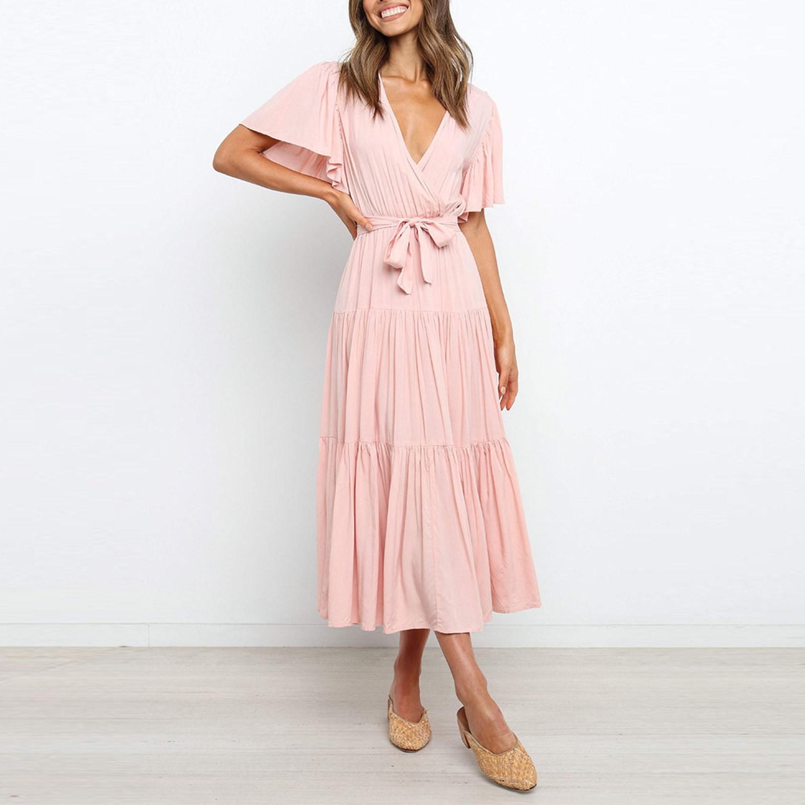 

Модное повседневное платье с короткими рукавами и завязкой, длинная юбка с большой юбкой-качелями XL розовый