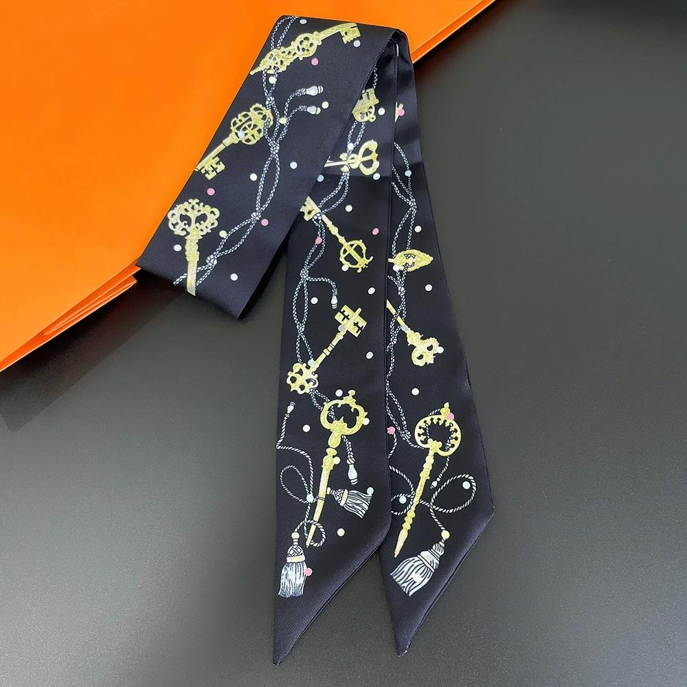 Women Noble Key Printing Skinny Bag Scarf Brand Twill Silk Foulard Neck Tie Scarves For Ladies