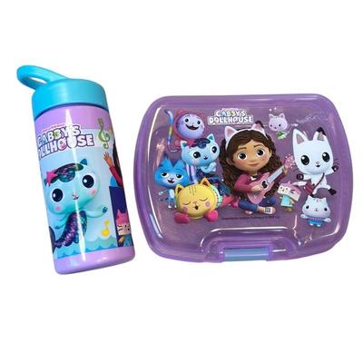 Children's Meal Set Gabby and the Magic House with Lunch Box and 420ml Plastic Purple Water Bottle for School