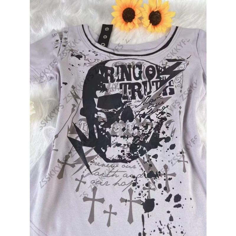 TrendHub Gothic Kleidung T-Shirt Vintage Kurzarm Frau Y2k Streetwear Totenköpfe Punk Damen T-Shirts Gyaru Druck Sommer Emo T-Shirt Top