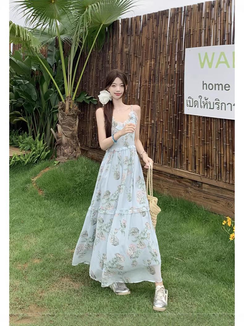 

Blue Floral Chiffon Maxi Dress - Romantic French Mori Style, Plus Size, Spaghetti Strap, Perfect for Summer Beach Vacation XXL