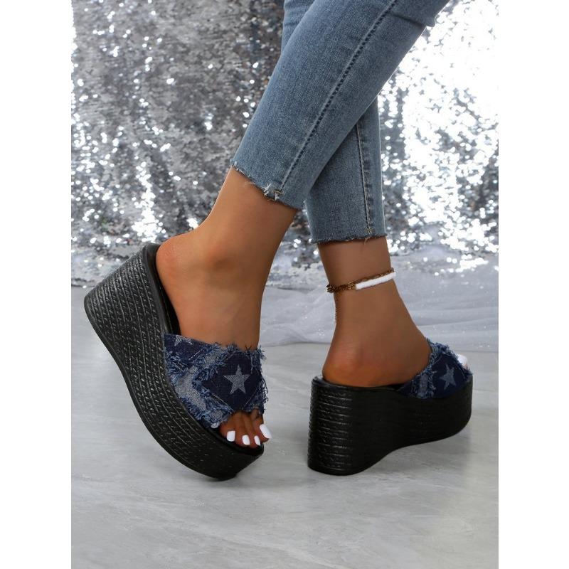 Women's Slope-heeled Slippers, Women's Denim Thick-soled Slope-heeled Slippers