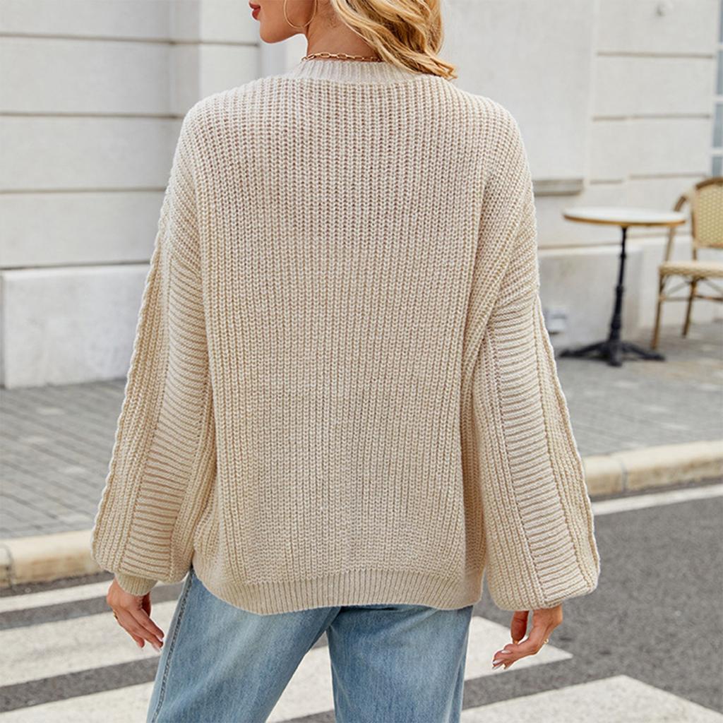 Women's Fashion Solid Color Long Sleeved V-neck Knitted Sweater Cardigan Jacket
