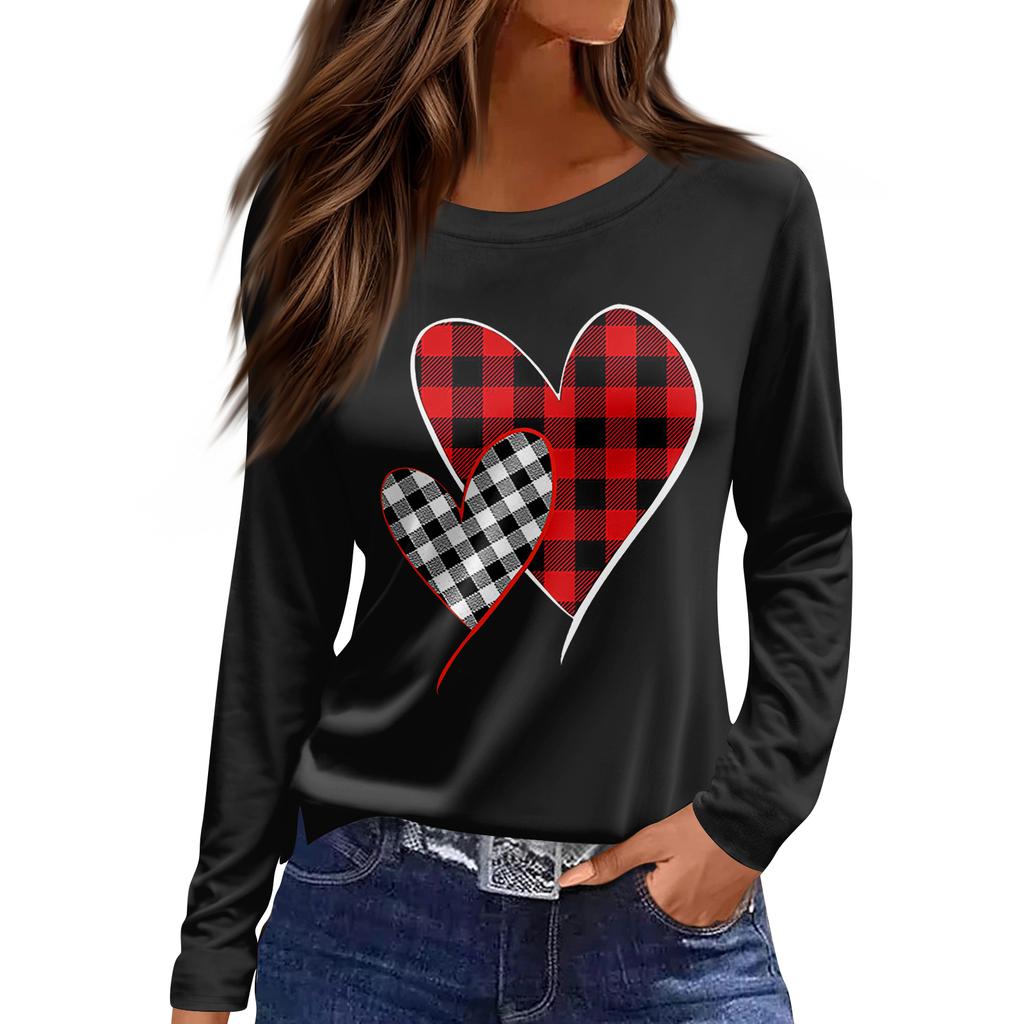 Women's Fashion Casual Slit Hem Round Neck Long Sleeve Loose  Printed T-Shirt Ladies Top