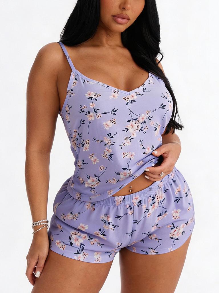 Pajamas Women's Summer Plant Print Suspenders Pajamas Shorts Two-piece Set Women's Loungewear Nightwear