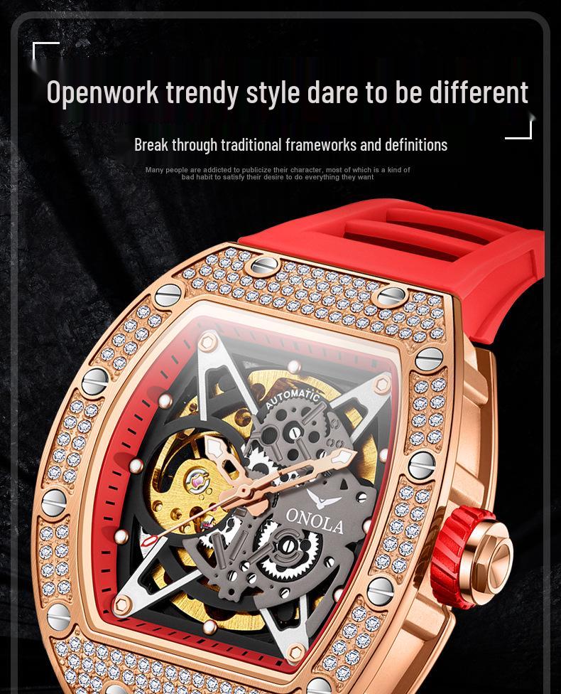 Herren ONOLA Wasserdichte Automatische Mechanische Uhr mit Silikonarmband und Diamantdetail