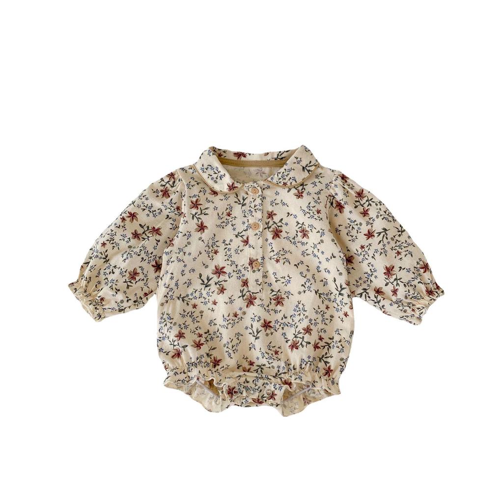 Autumn 2024 Baby Girl Cotton Romper: Printed, Lapel, Puff Sleeves, Long Sleeve, Loose Fit, Triangle Design for Crawling.