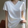 Women Summer Top V-neck Solid Color Soft Comfortable Short Sleeves Daily Wear Pullover OL Commute Satin Women T-shirt Female Clothes