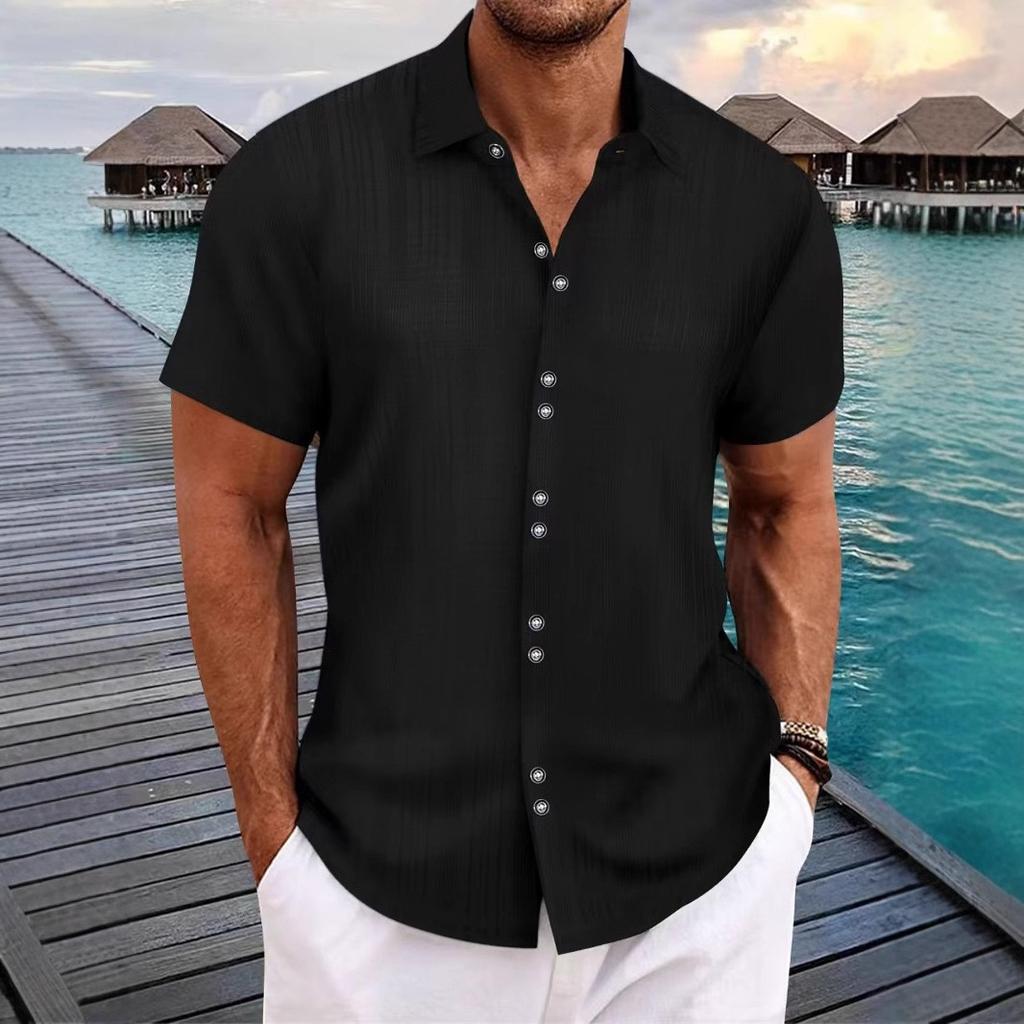 Mens Casual Loose Jacquard Striped Short Sleeve Button Down Shirt