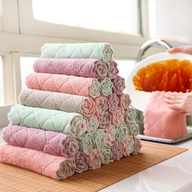 Dual-Color Multifunctional Coral Fleece Kitchen Rag - Lint-Free, Lazy Cleaning Dishcloth