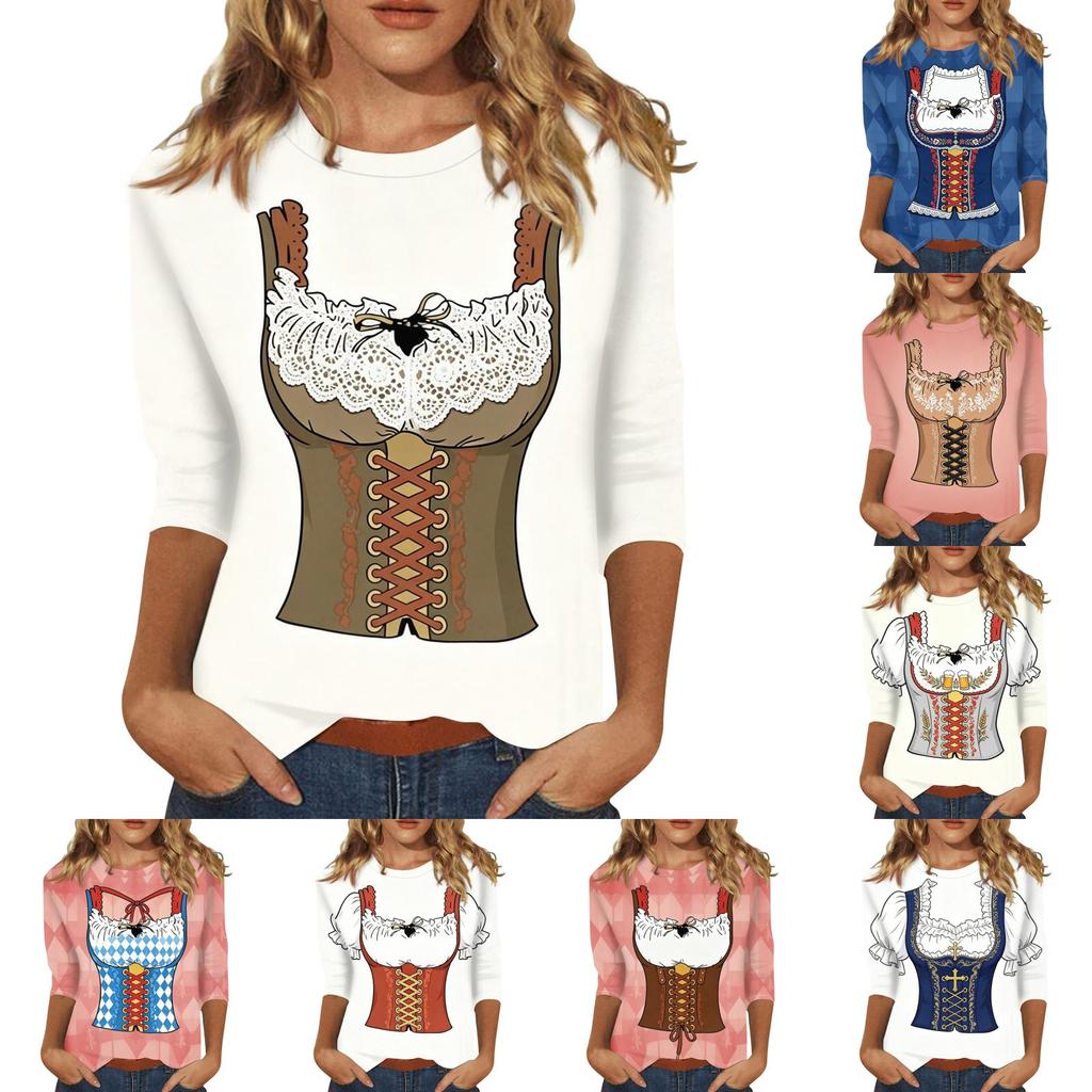 Haut Décontracté pour Femme à Manches Trois Quarts Imprimé Oktoberfest Col Rond Léger Coupe Confortable Chemisier pour un Usage Quotidien