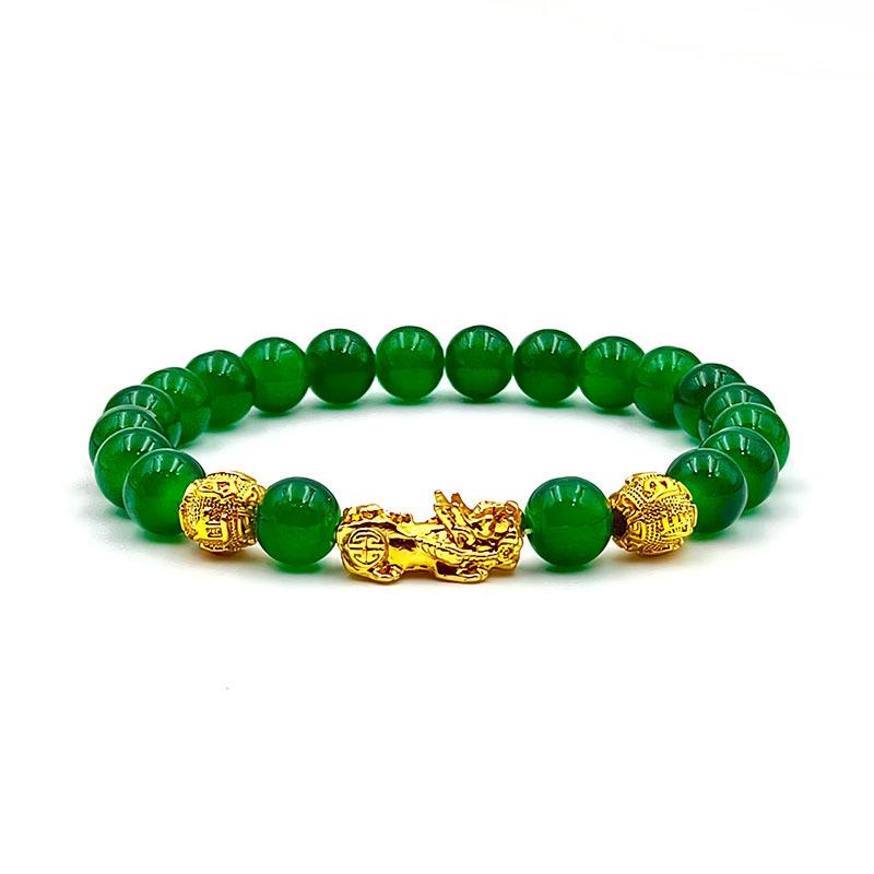 Green Agate Pixiu Wealth Attraction Bracelet - Round Beads Sand Gold Design, Best-Selling Jewelry with Single Circle.