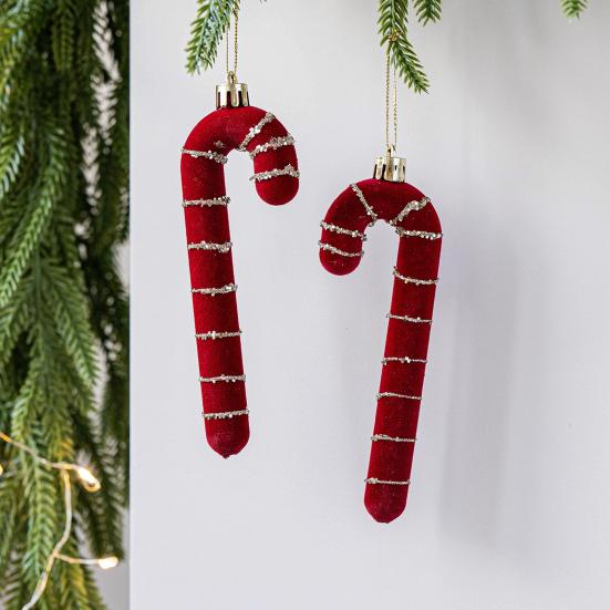 2 Pcs Velvet Christmas Ornaments Shatterproof Glitter Sequins Flocked Bell/Candy Cane/Ice Isicle Hanging Decoration for Xmas Tree Home Party Decor