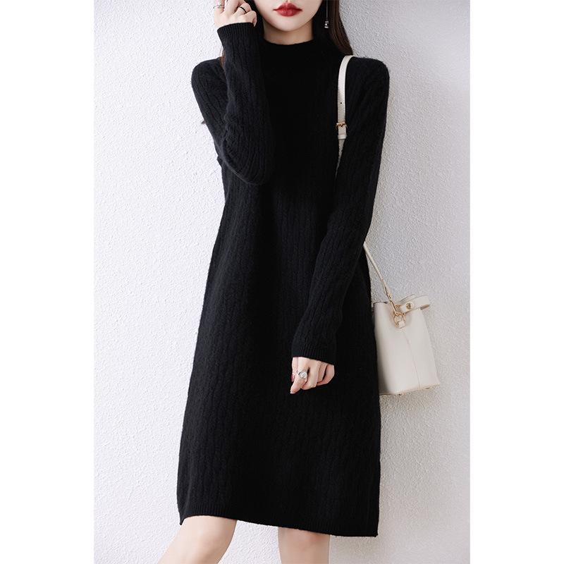 Women's High Neck Knitted Wool Dress - Slimming and Warm for Autumn/Winter