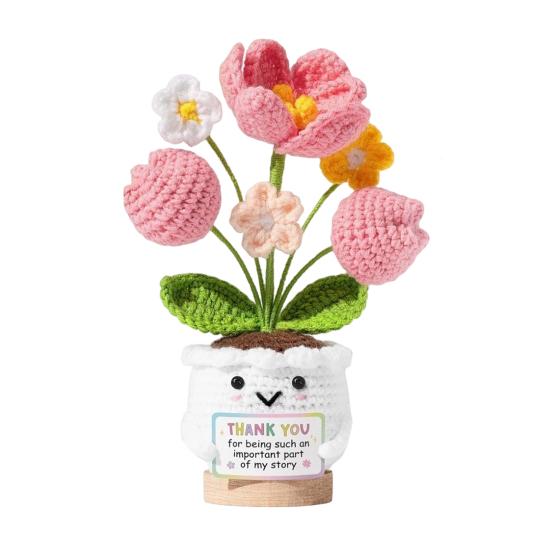 Regalos de Agradecimiento Positivos de Ganchillo Tulipán Flor Silvestre para Mujeres Mamá Amigas Muñeca de Flor en Maceta Hecha a Mano con Tarjeta Regalo de Apoyo Emocional para el Día de la Madre