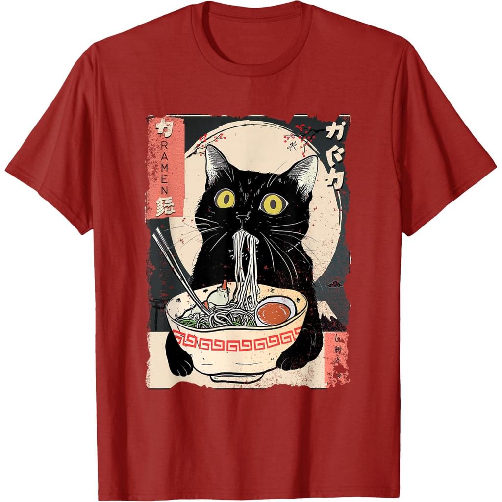 Black Cat Eating RaUnisex Japanese Ukiyo Style Graphic Tee T-Shirt Anime Food Lover Gift