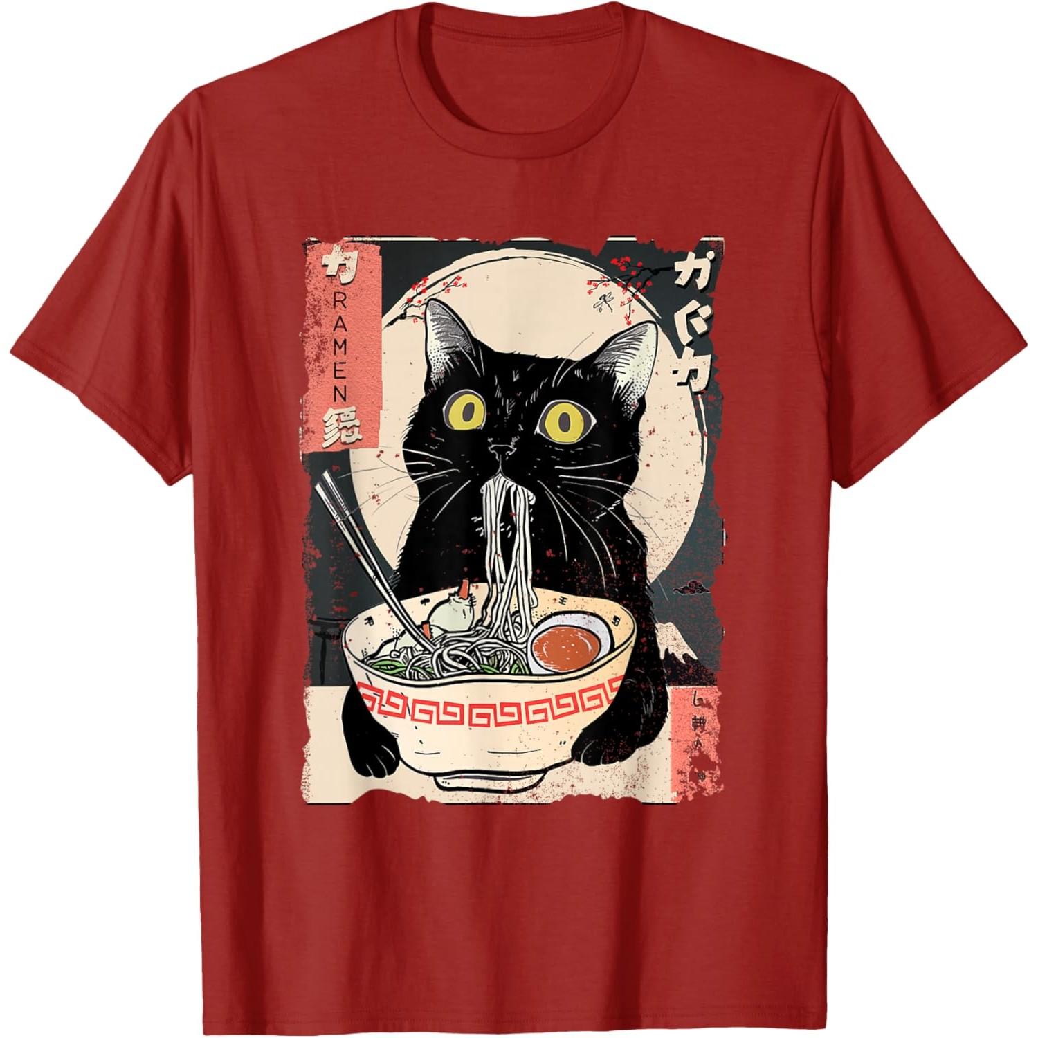 Black Cat Eating RaUnisex Japanese Ukiyo Style Graphic Tee T-Shirt Anime Food Lover Gift S