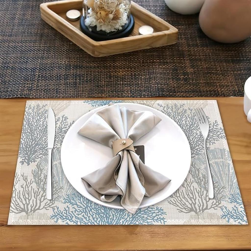 4KS Prostírání Oceán Korál Zelené Letní Korálový Útes Lněné Stolní Podložky Námořní Moře Mořské Mořské Řasy Žáruvzdorné Prostírání pro Stolování Kuchyň 32x45cm