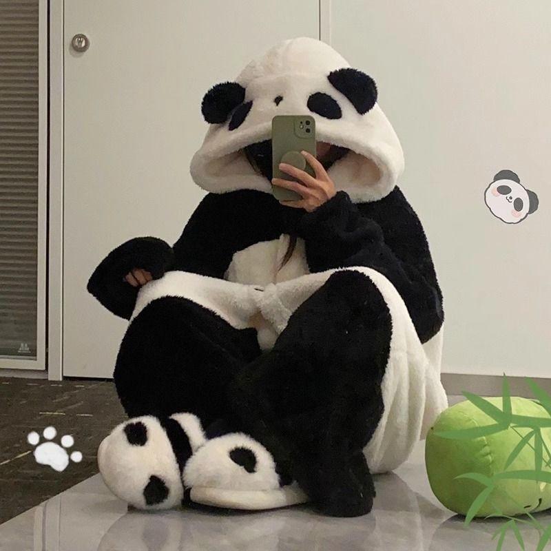 Kigurumi Cartoon Panda Pyjama Damen Korallfleece Verdicktes Nachthemd Niedliche Mädchenpyjamas