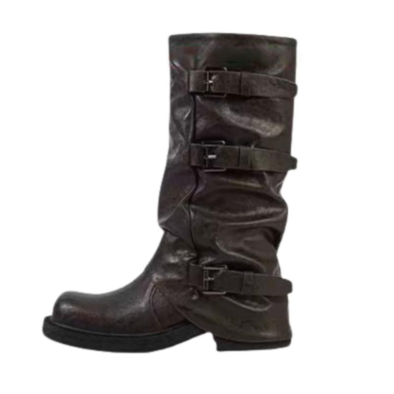 

Spring Autumn Mid Calf Women Boots 2025 Designer New Style Cool Girl Street Boots Casual Round Toe Solid Color Short Boots 35 коричневый