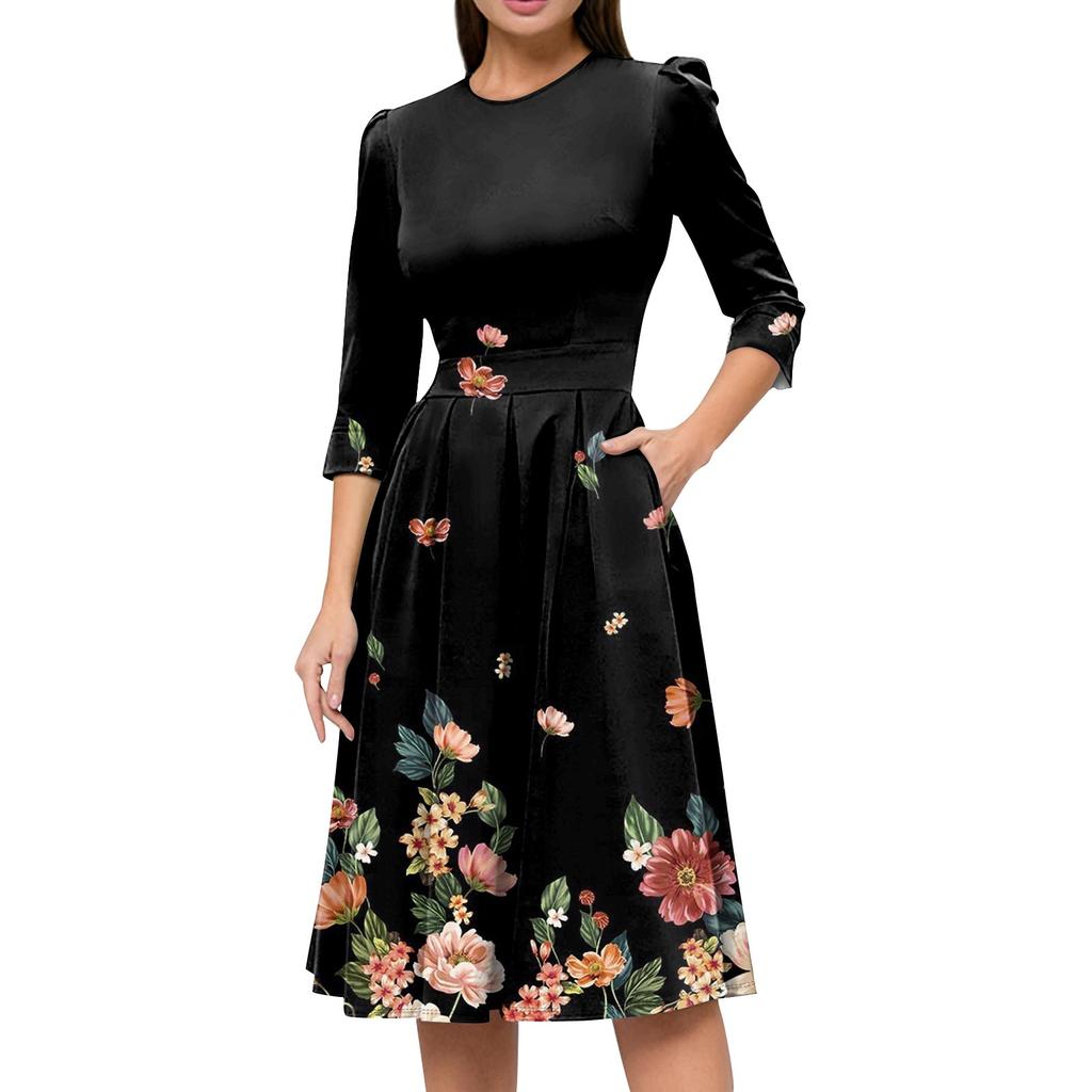 Damska sukienka casualowa i modna z 3/4 rękawami, kieszenią i zamkiem błyskawicznym z tyłu