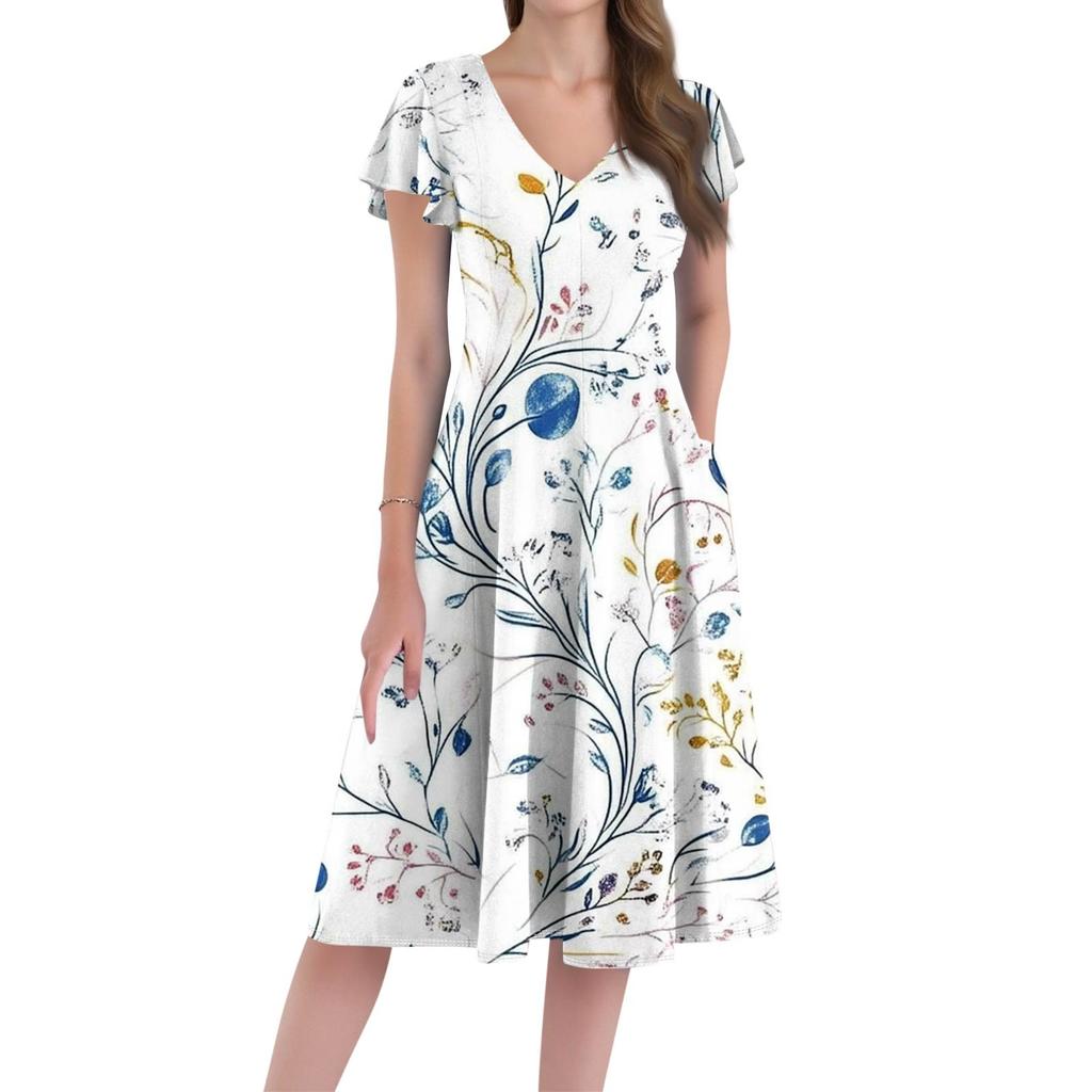 A Casual And Fashionable V-Neck Short-Sleeved Medium-Length Dress With Floral Prints For Women
