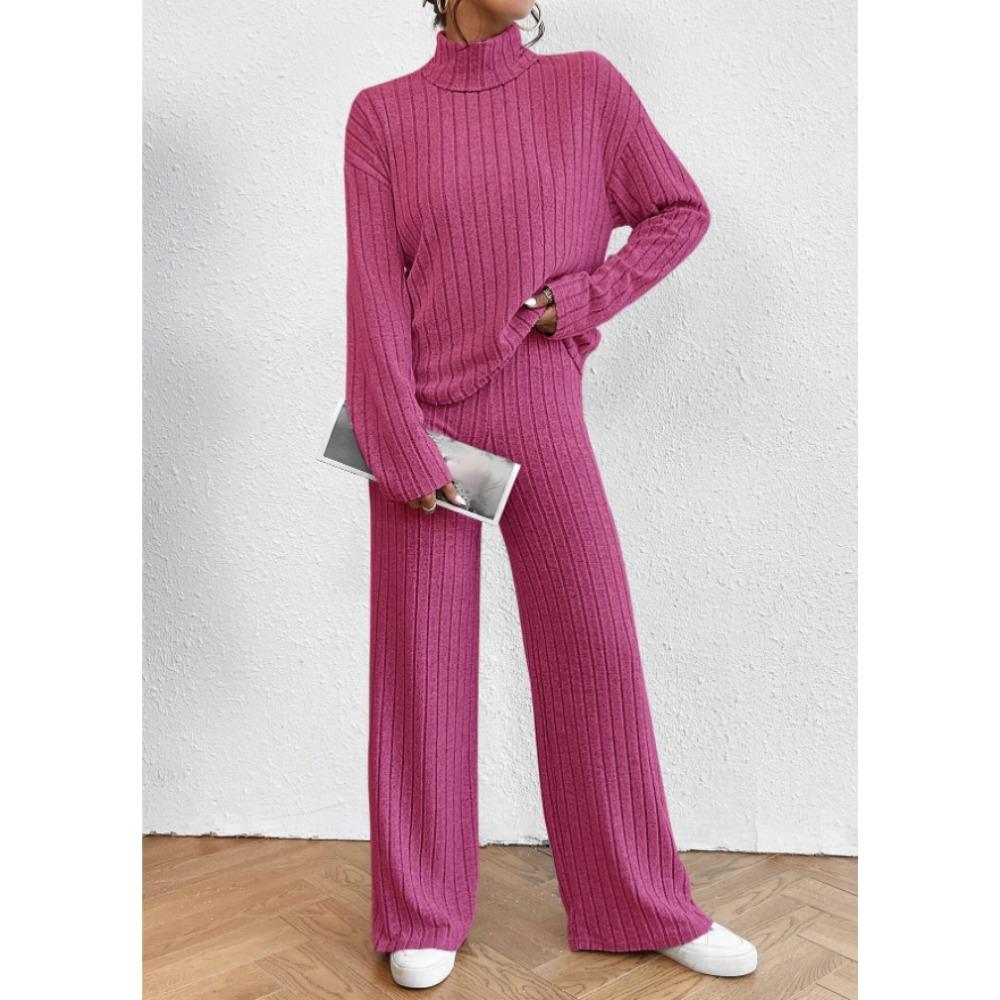 Completo casual da donna in 2 pezzi, felpa a collo alto in maglia a maniche lunghe e set di pantaloni larghi per autunno inverno