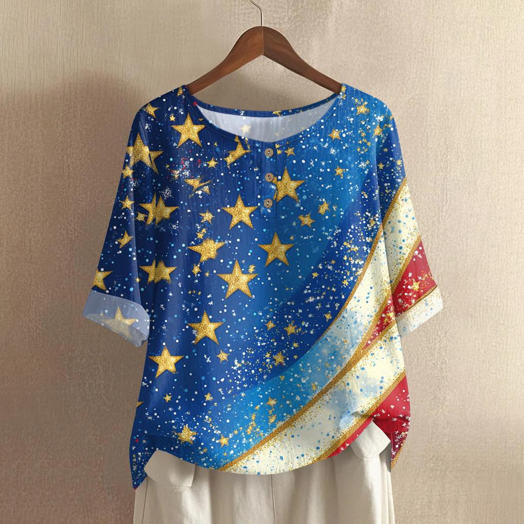 Women's Fashionable And Casual Shirt Half-sleeve Round Neck Print Cotton And Linen Blouse Top