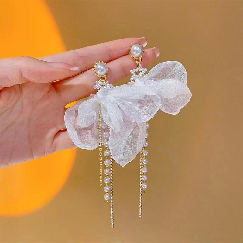

Temperament Romantic Chiffon Bowknot Flowers Imitation Pearl Five-pointed Star Chain Tassel Stud Earrings for Women Jewelry Gift белый