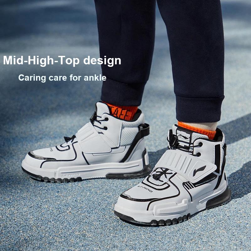 LiNing Youth  Unrestrained Shock Absorbing Non-Slip Wear-Resistant High-Top Running Shoes Kids sneakers White Black YKCR172-13