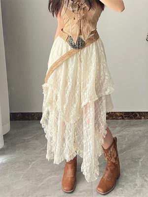 Women's Bohemian Ethnic Wave Bottom High Waist Lace Half Skirt