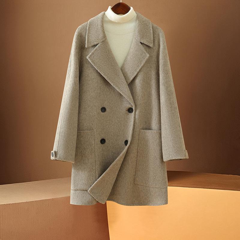 Women's Petite Double-Breasted Mid-Length Lapel Wool Coat - Versatile for Autumn/Winter