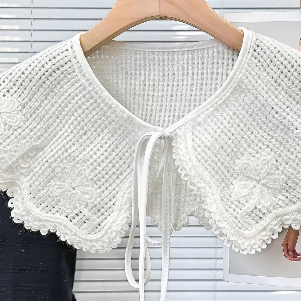 Elegant Detachable Shawl False Collar Hollowed Out Crochet Knit Woolen Flower Decorative Capelet for Collarless Dresses