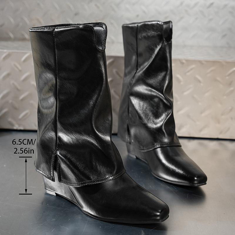 Fashion Fashion Wedge Heel Mid Calf Boots Women Autumn Winter Small Square Toe Fold Over Boots Woman Slip On PU Leather Botas Mujer 2025