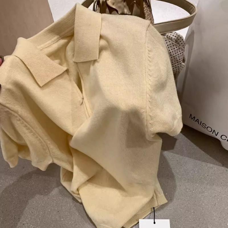 Solid Color Knitted Sweater Short-sleeved Women, Summer New Small Short Zipper Lapel Top Thin