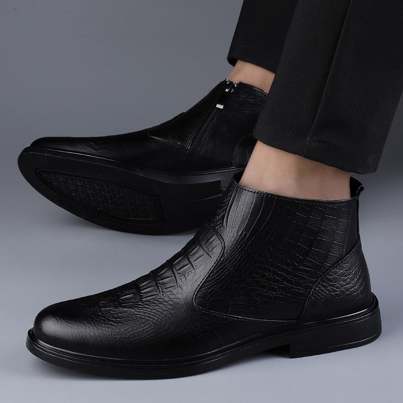 Fashion Genuine Leather Men Ankle Boots Casual Shoes Western Cowboy Boots Black Lace Up Wedding Office Dress Boots Men Business Shoes