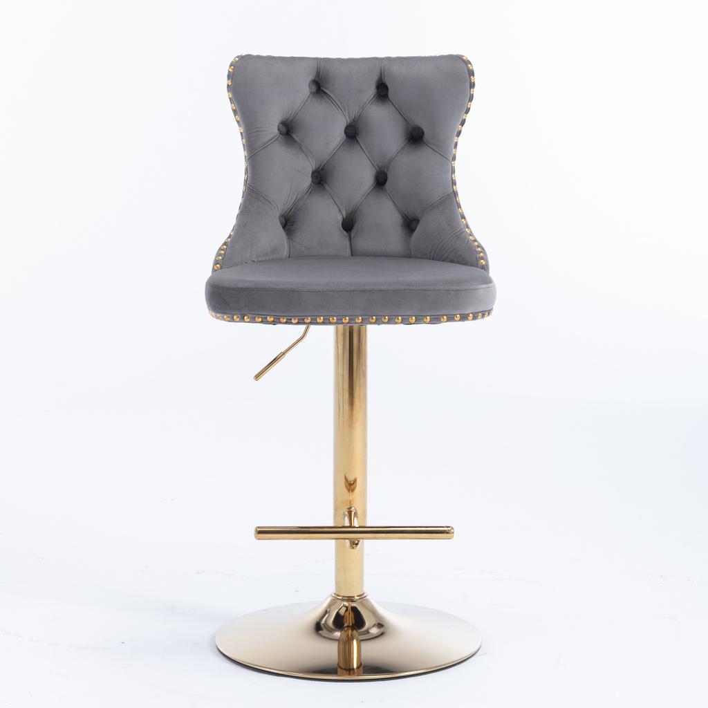 Velvet Swivel Bar Stools, Height 25-33 Inches, Tufted Button Back, Gold Nailhead Trim, Gold Base, for Kitchen Island Home Pub Cafe, Gray, DE1912GY