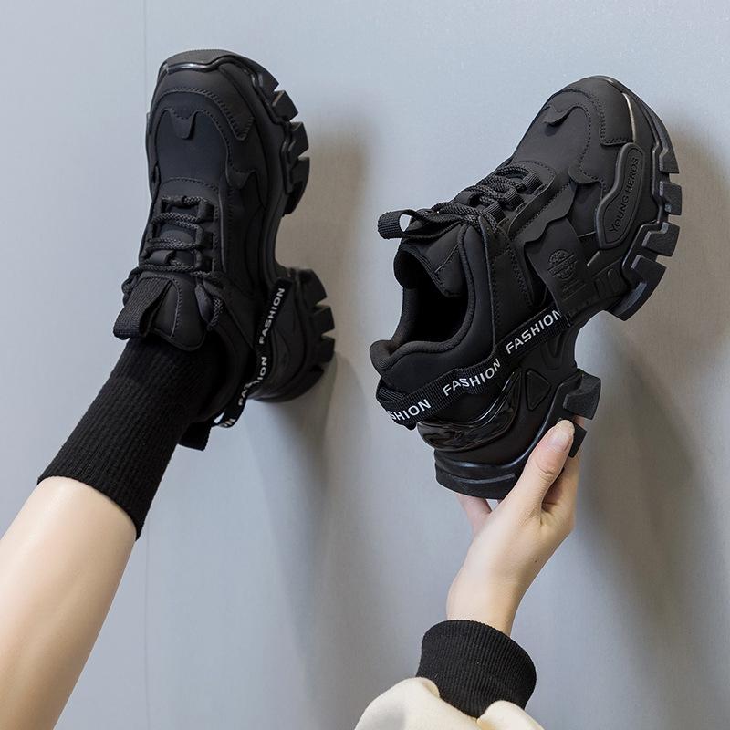 Daddy Shoes Autumn Women's Fashion Platform Black Sneakers Leather Versatile Non-slip Heightening Casual Shoes