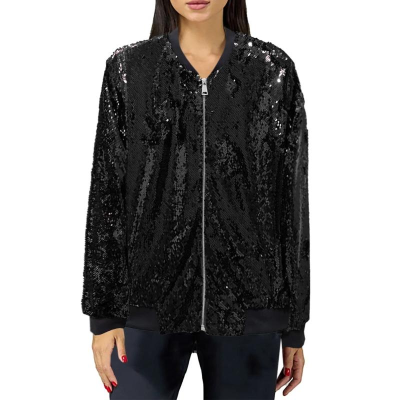 Women's Autumn Shiny Sequin Jacket Long Sleeve Front Zip Loose Coat Ribbed Cuffs Elegant Glitter Outerwear